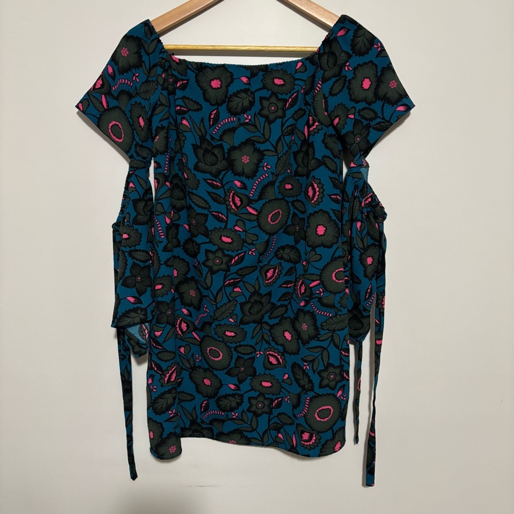 Design Lab Mini Dress Cold Shoulder with Sleeve Ties Teal Floral Print | Size S